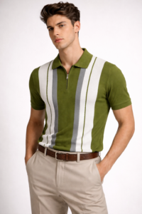Men’s Olive Green Textured Knit Shirt with Vertical Stripes – Modern Fit Zipper Shirt
