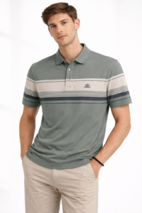Men's Green and Beige Striped Polo Shirt with Chest Pocket