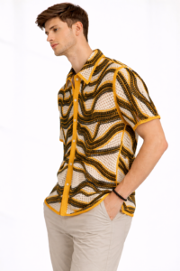Men's Crochet Button-Down Shirt with Wave Pattern in Yellow and Black