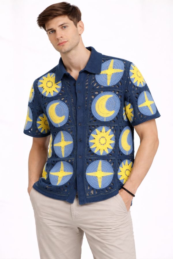 Men’s Crochet Button-Down Shirt with Sun and Moon Motif