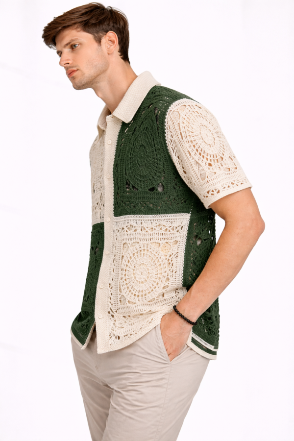 Men’s Crochet Button-Down Shirt with Green and Beige Geometric Pattern