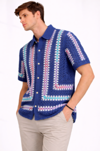 Men's Crochet Button-Down Shirt with Vibrant Colorful Stripes