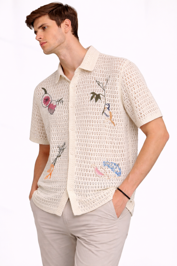 Men’s Crochet Embroidered Button-Down Shirt with Floral Motif