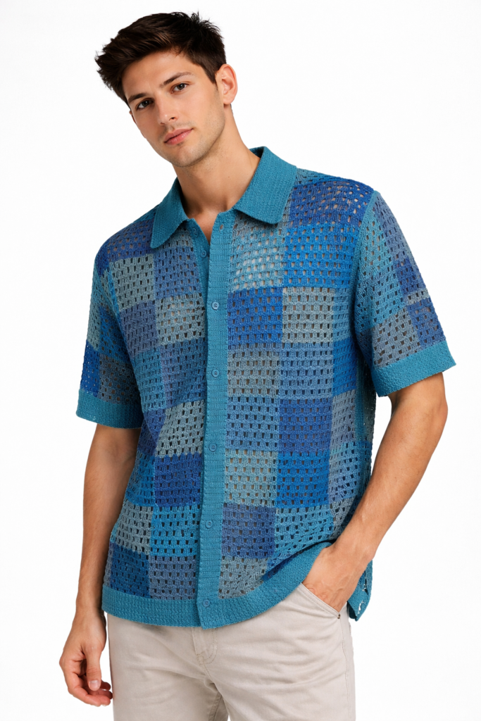 Men’s Blue Checkered Crochet Button-Down Shirt
