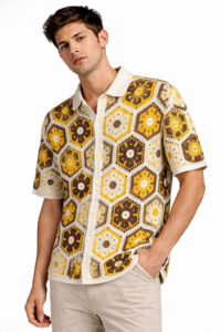 Men's Honeycomb Floral Patterned Button-Down Shirt