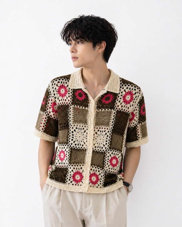 Men’s Crochet Floral Block Pattern Button-Down Shirt